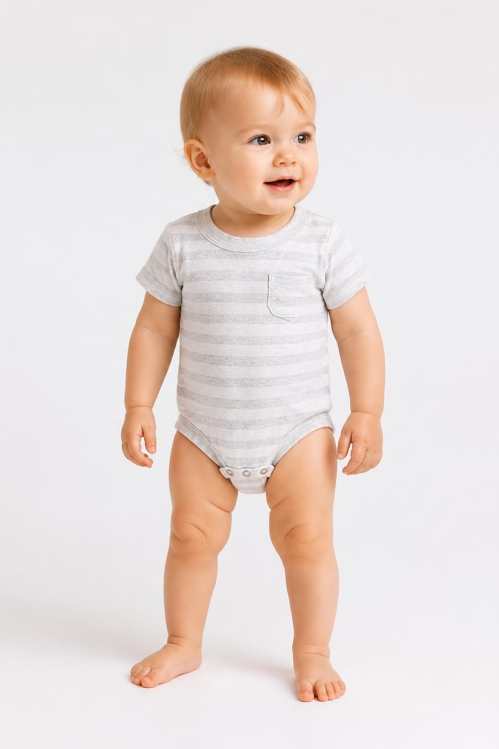 Gray striped baby bodysuit w/ chest pocket - on model shot, second-hand at Why Go Less, Dekwaneh, Lebanon