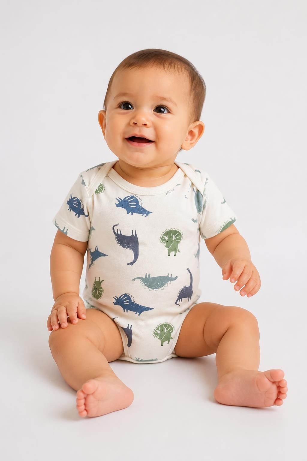 Carter's Just One You dinosaur print baby bodysuit - on model shot, second-hand at Why Go Less, Dekwaneh, Lebanon