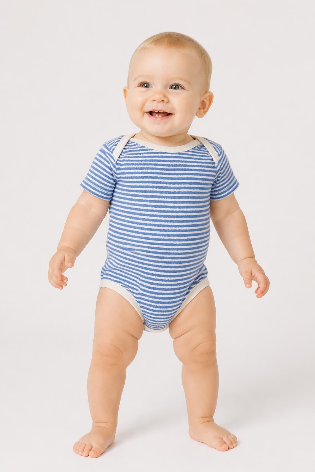 Bon Bébé blue white stripe onesie 0-3M - on model shot, second-hand at Why Go Less, Dekwaneh, Lebanon