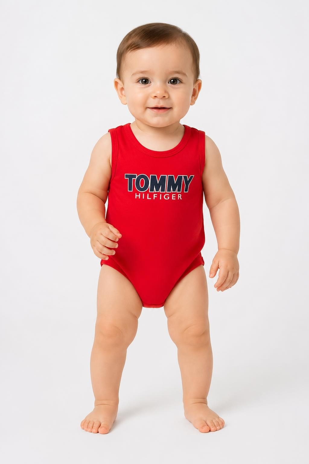 Tommy Hilfiger Red Sleeveless Baby Bodysuit - on model shot, second-hand at Why Go Less, Dekwaneh, Lebanon