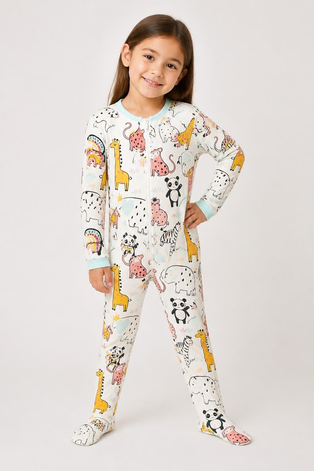 Dino kids blue top orange trim monster print - on model shot, second-hand at Why Go Less, Dekwaneh, Lebanon