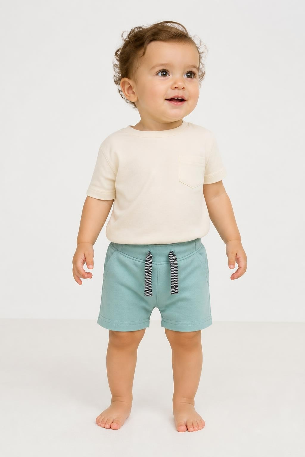 Sage Green Baby Jersey Shorts - on model shot, second-hand at Why Go Less, Dekwaneh, Lebanon