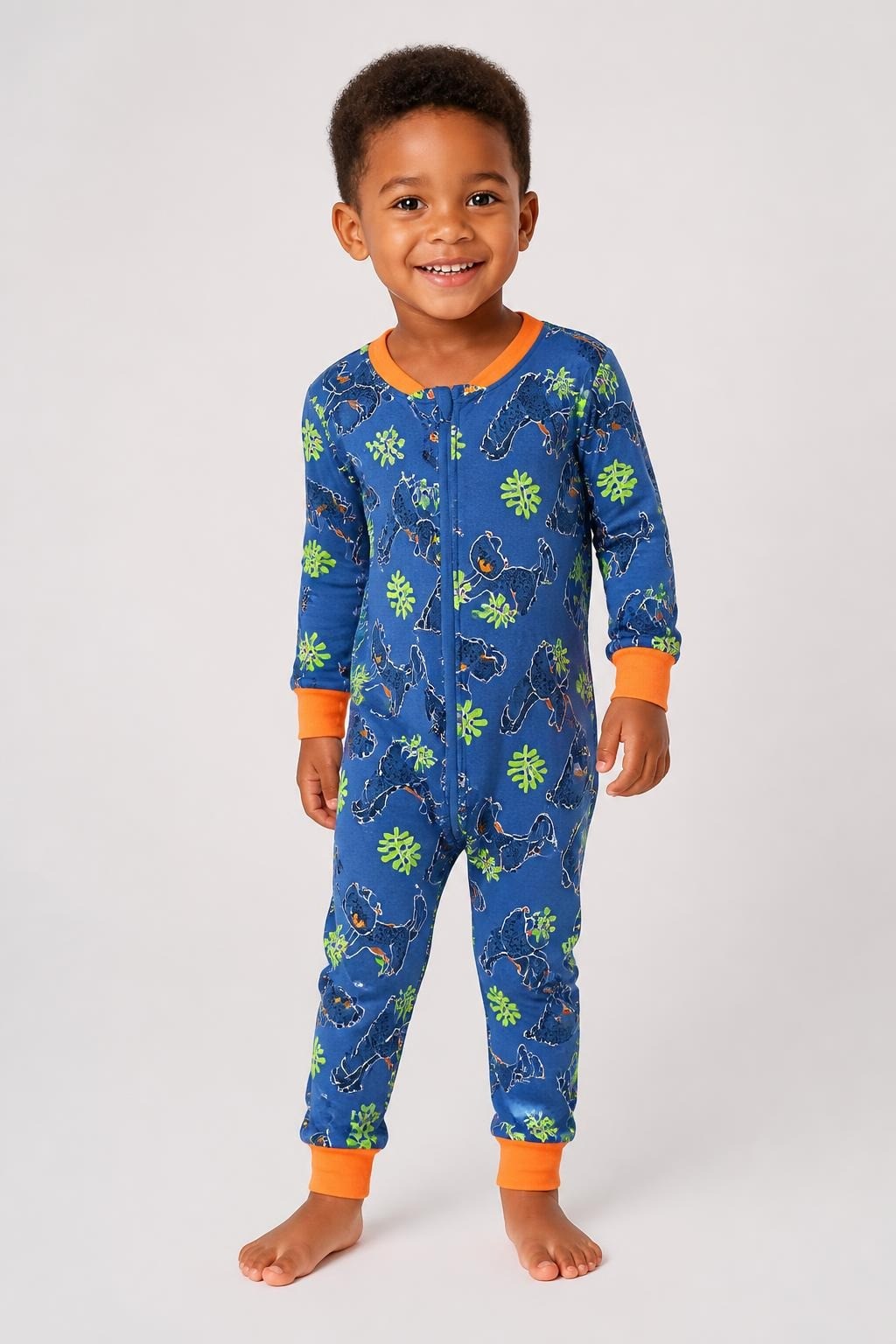 Dino Blue Kids Top Orange Trim Animal Print - at Why Go Less, Lebanon