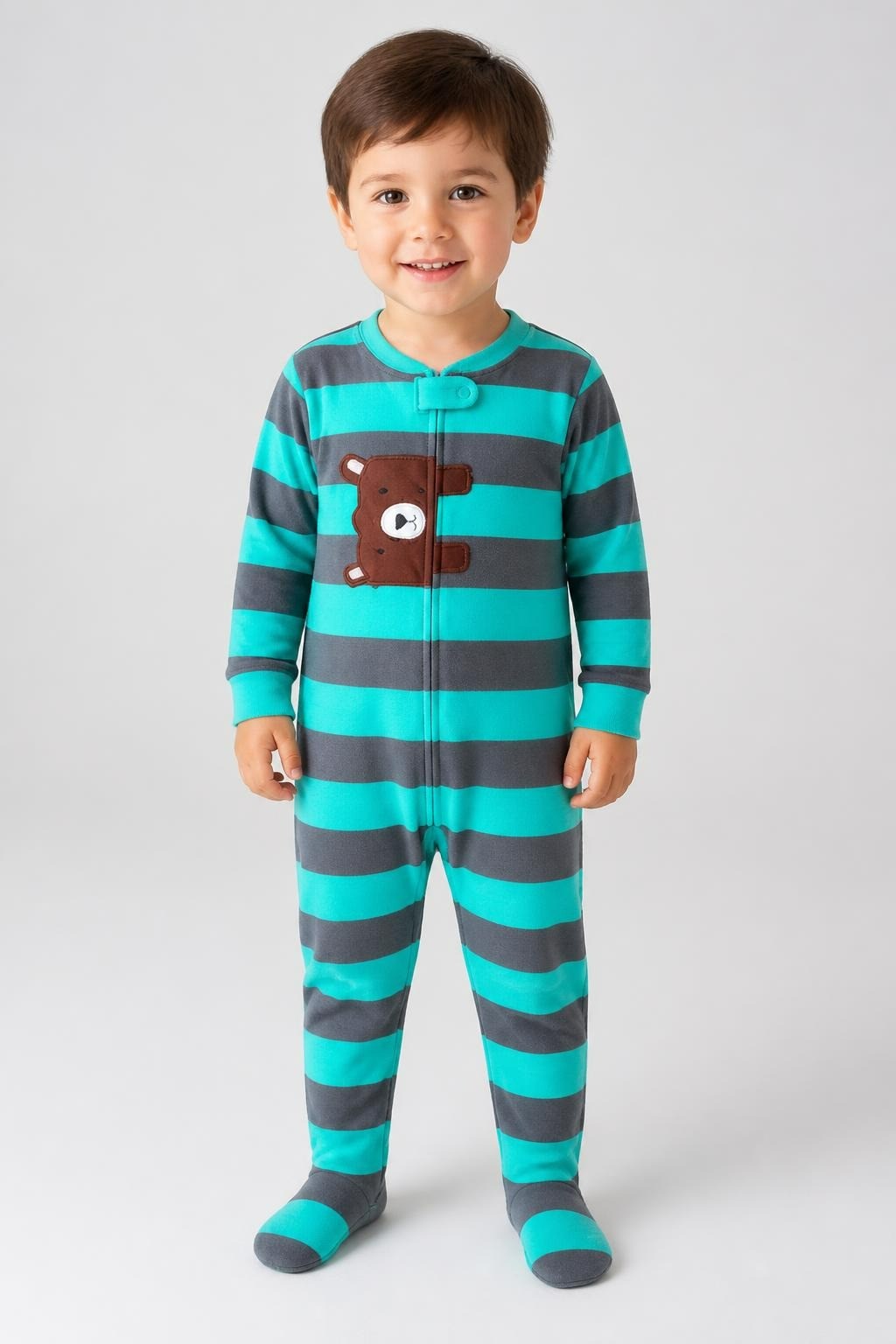 Dino blue kids top orange trim animal print - on model shot, second-hand at Why Go Less, Dekwaneh, Lebanon