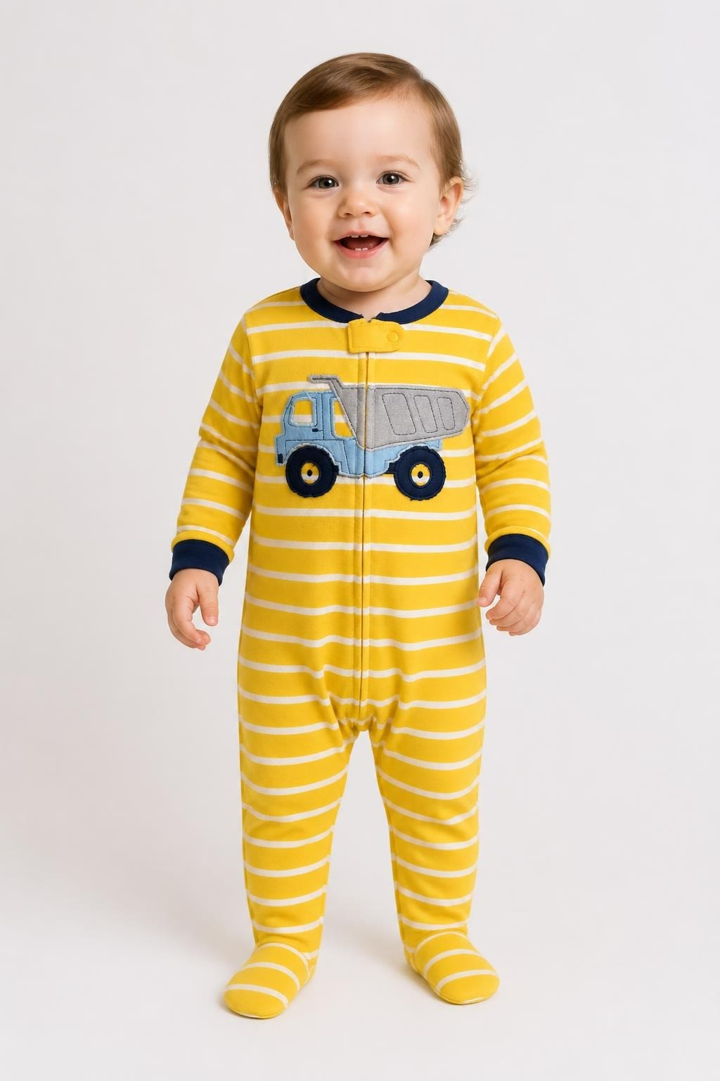 Yellow Stripe Dump Truck Fleece Footed Baby Sleeper - on model shot, second-hand at Why Go Less, Dekwaneh, Lebanon