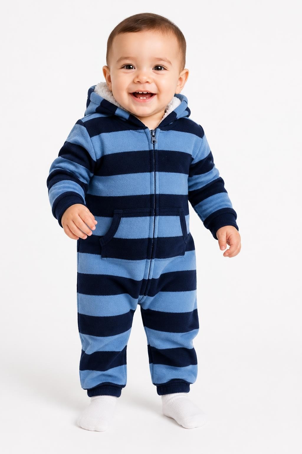 Navy and Blue Stripe Hooded Fleece Baby Pramsuit - at Why Go Less, Lebanon