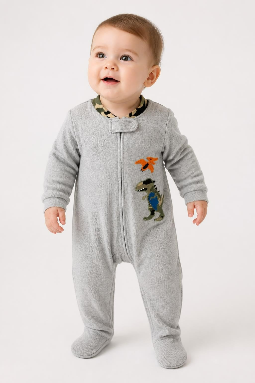 Grey Dinosaur Applique Fleece Footed Baby Sleeper - on model shot, second-hand at Why Go Less, Dekwaneh, Lebanon