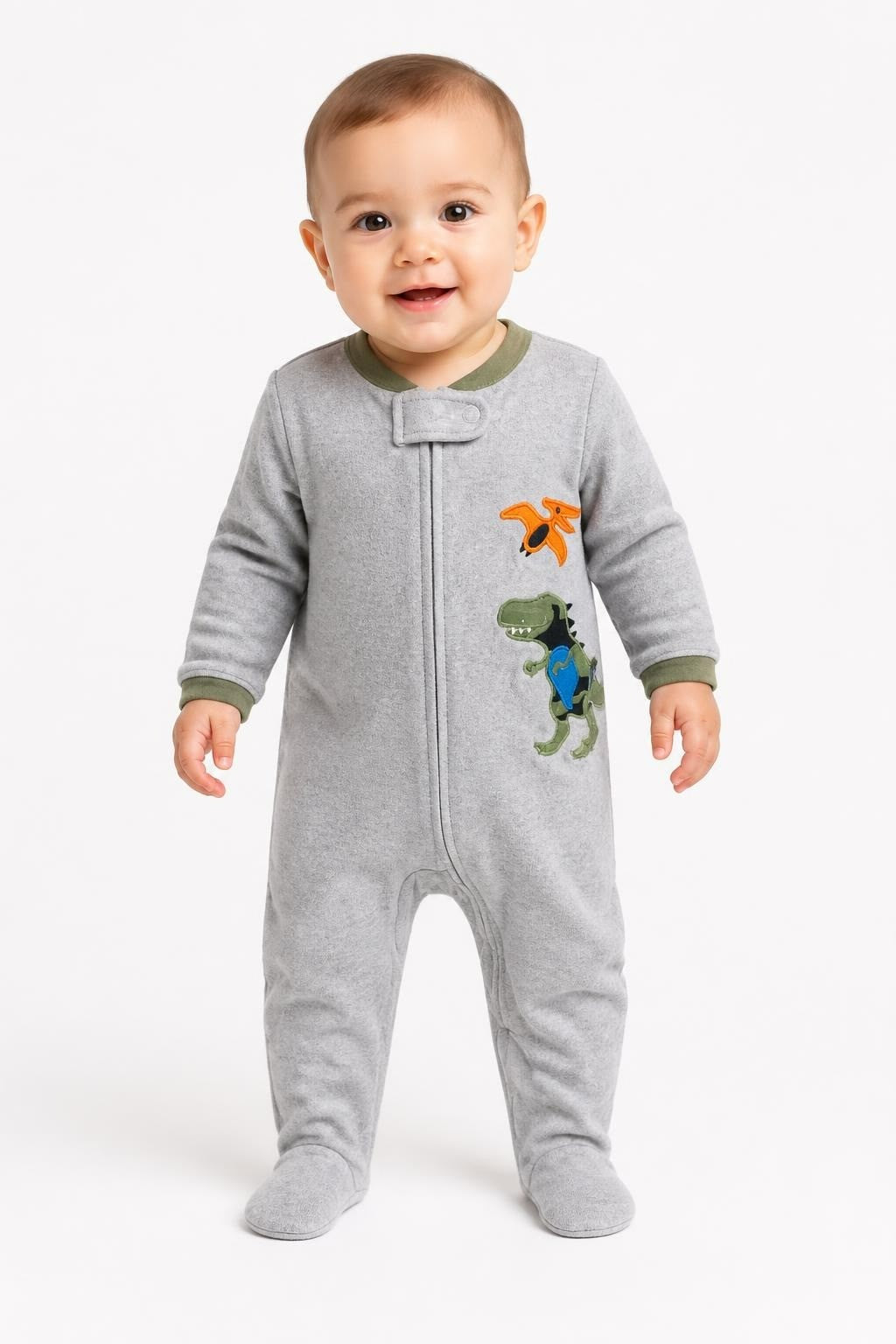 Grey Fleece Dinosaur Footed Sleepsuit - on model shot, second-hand at Why Go Less, Dekwaneh, Lebanon