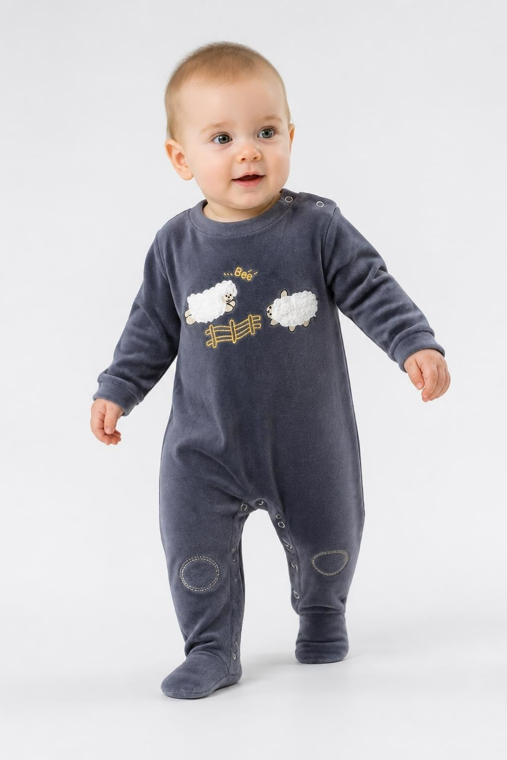 Charcoal Velour Sheep Applique Baby Romper - on model shot, second-hand at Why Go Less, Dekwaneh, Lebanon