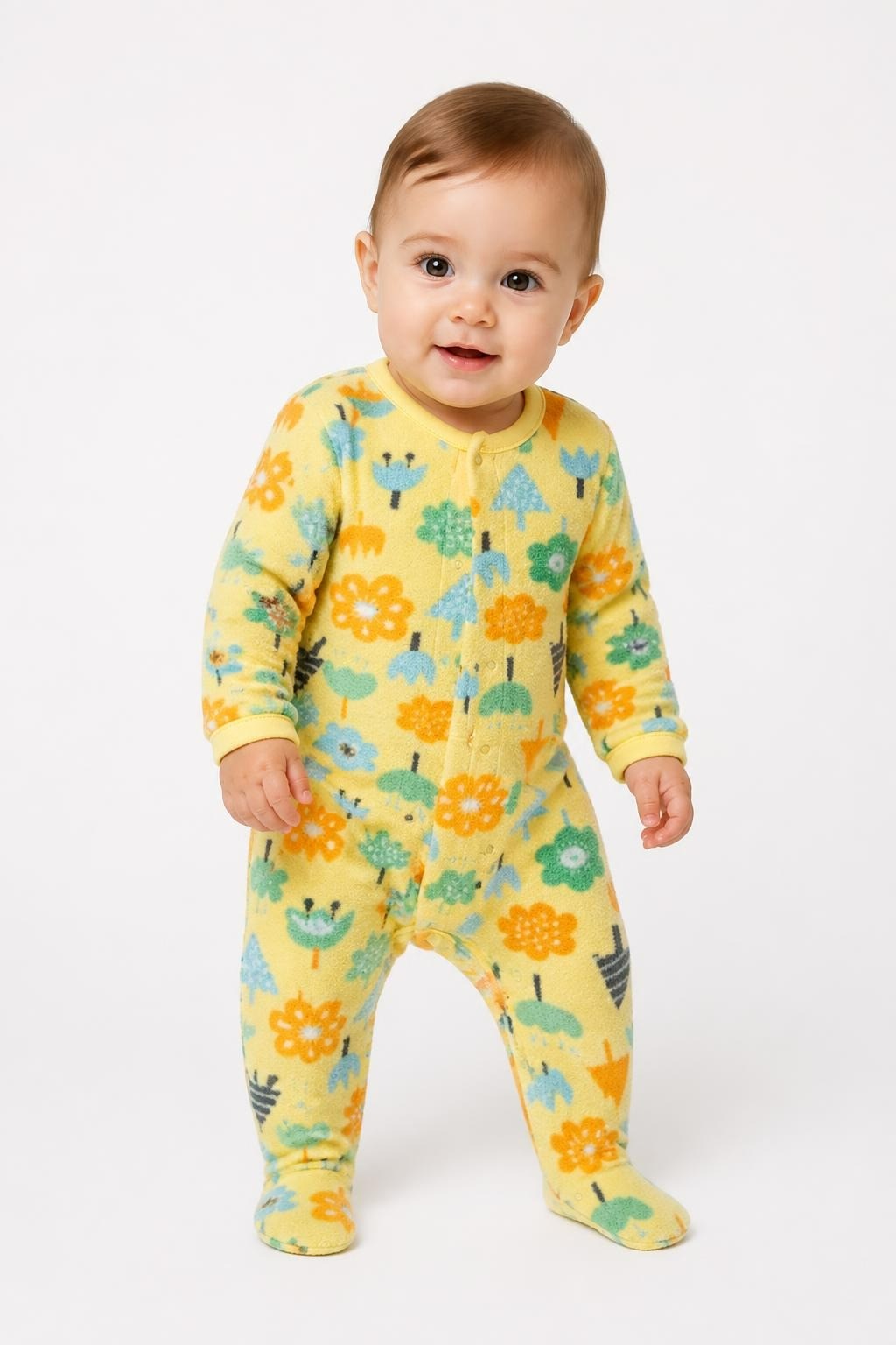 Yellow Floral Fleece Footed Baby Sleeper - on model shot, second-hand at Why Go Less, Dekwaneh, Lebanon