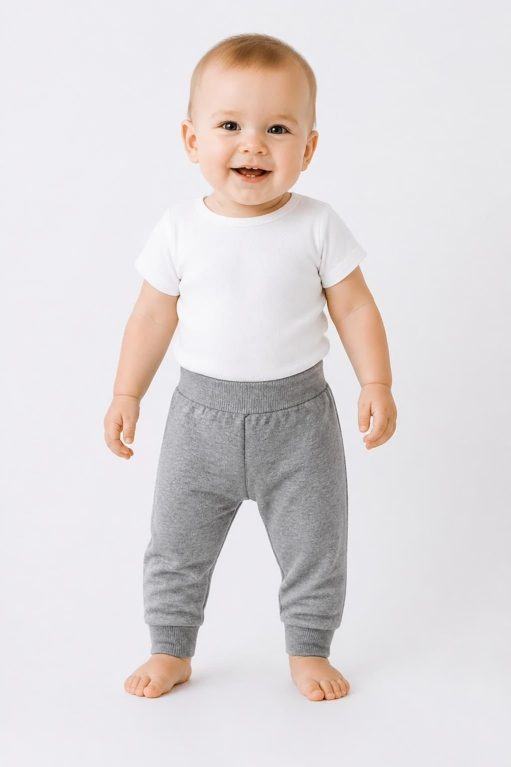 Grey Marl Textured Baby Pants - on model shot, second-hand at Why Go Less, Dekwaneh, Lebanon