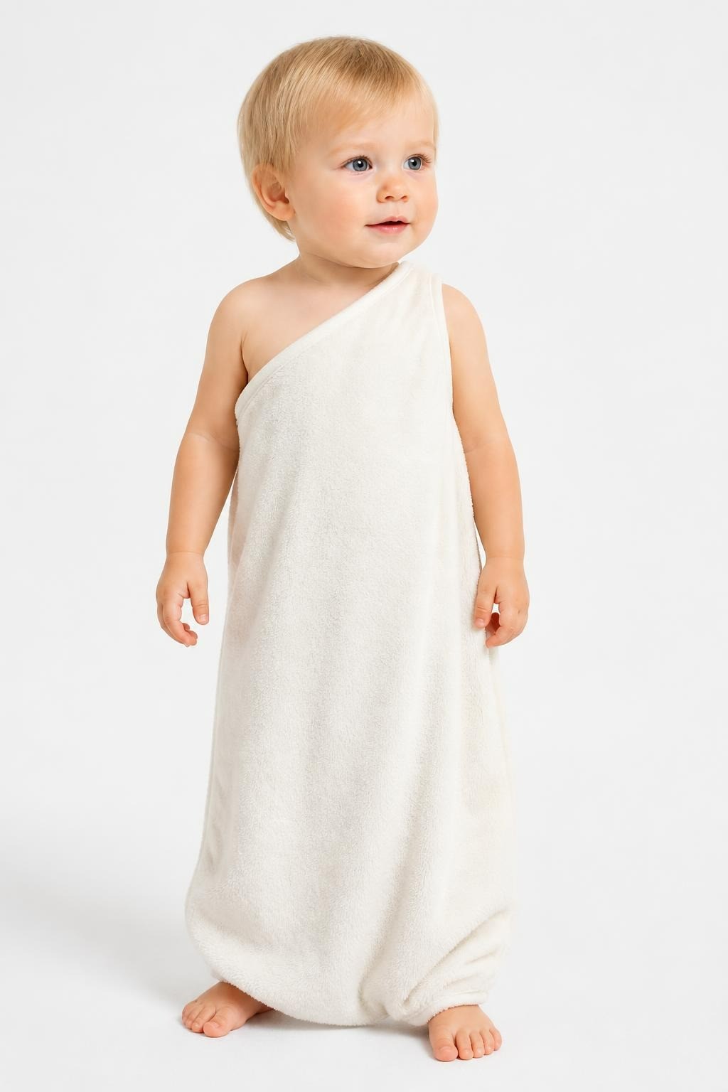 Cream Fleece Hooded Baby Swaddle Wrap - on model shot, second-hand at Why Go Less, Dekwaneh, Lebanon