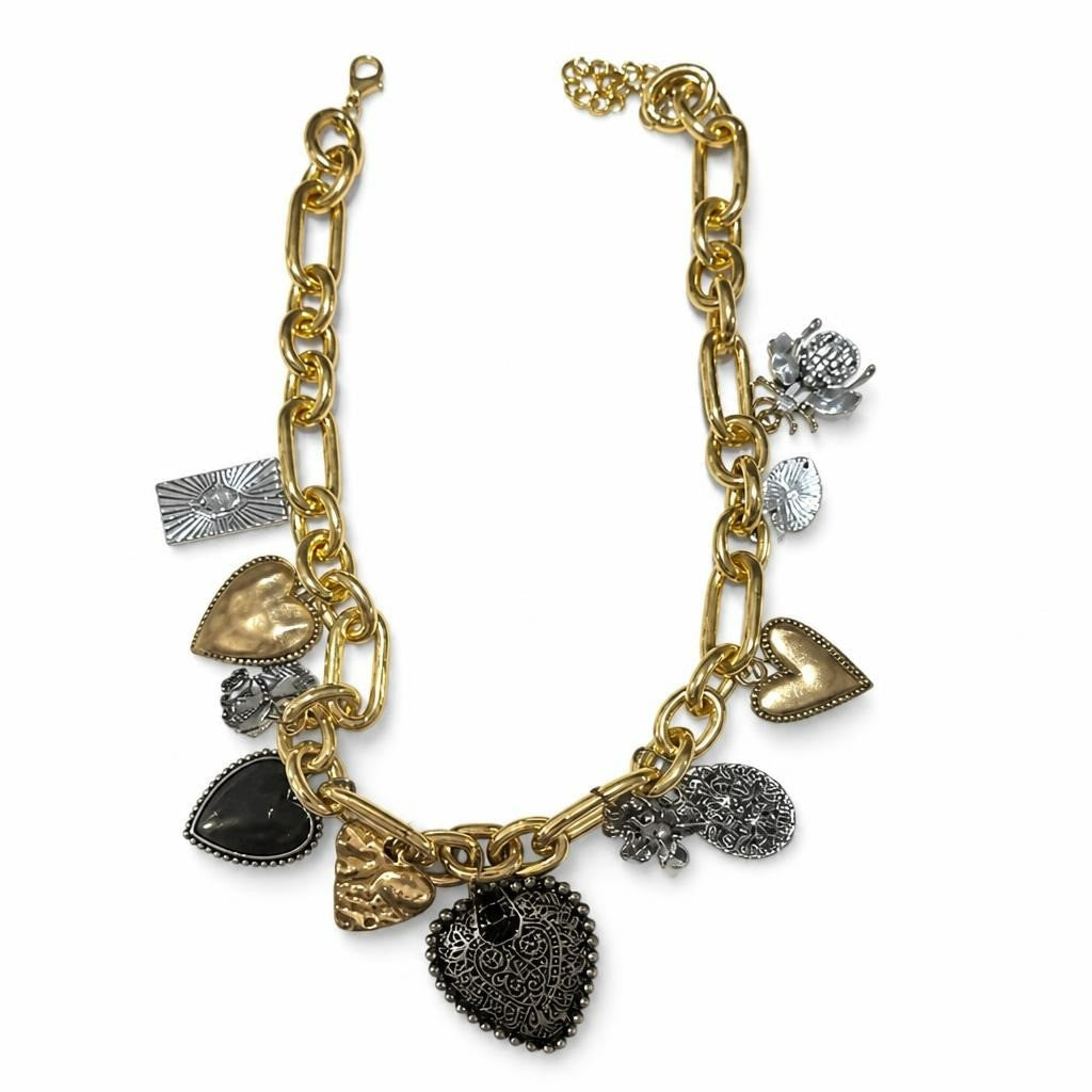 Gold-tone chain necklace with mixed heart charms - new at Why Go Less, Lebanon