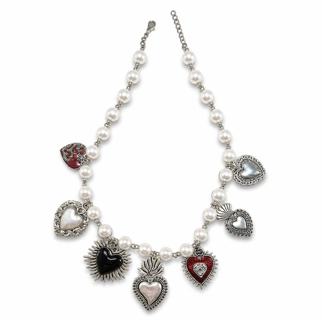 Silver-tone pearl necklace with sacred heart charms - new at Why Go Less, Lebanon