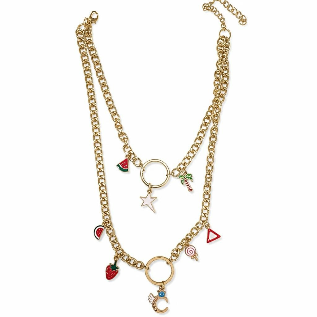 Gold-tone layered chain necklace with fruit charms - new at Why Go Less, Lebanon
