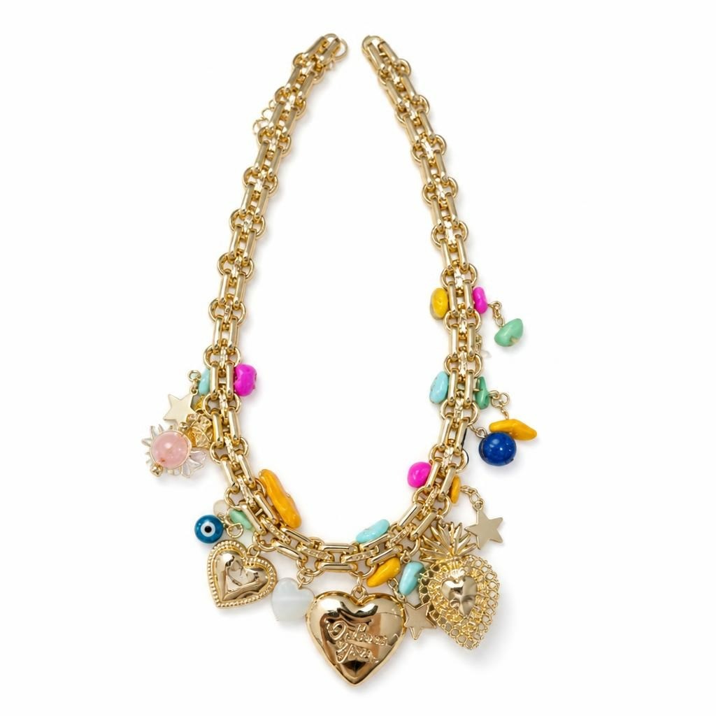 Gold-tone beaded necklace with evil eye and heart charms - new at Why Go Less, Lebanon