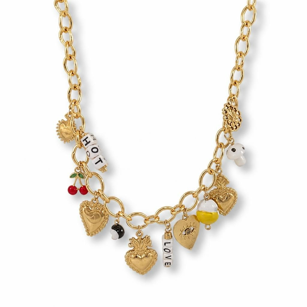 Gold-tone chain necklace with flaming heart and letter charms - new at Why Go Less, Lebanon