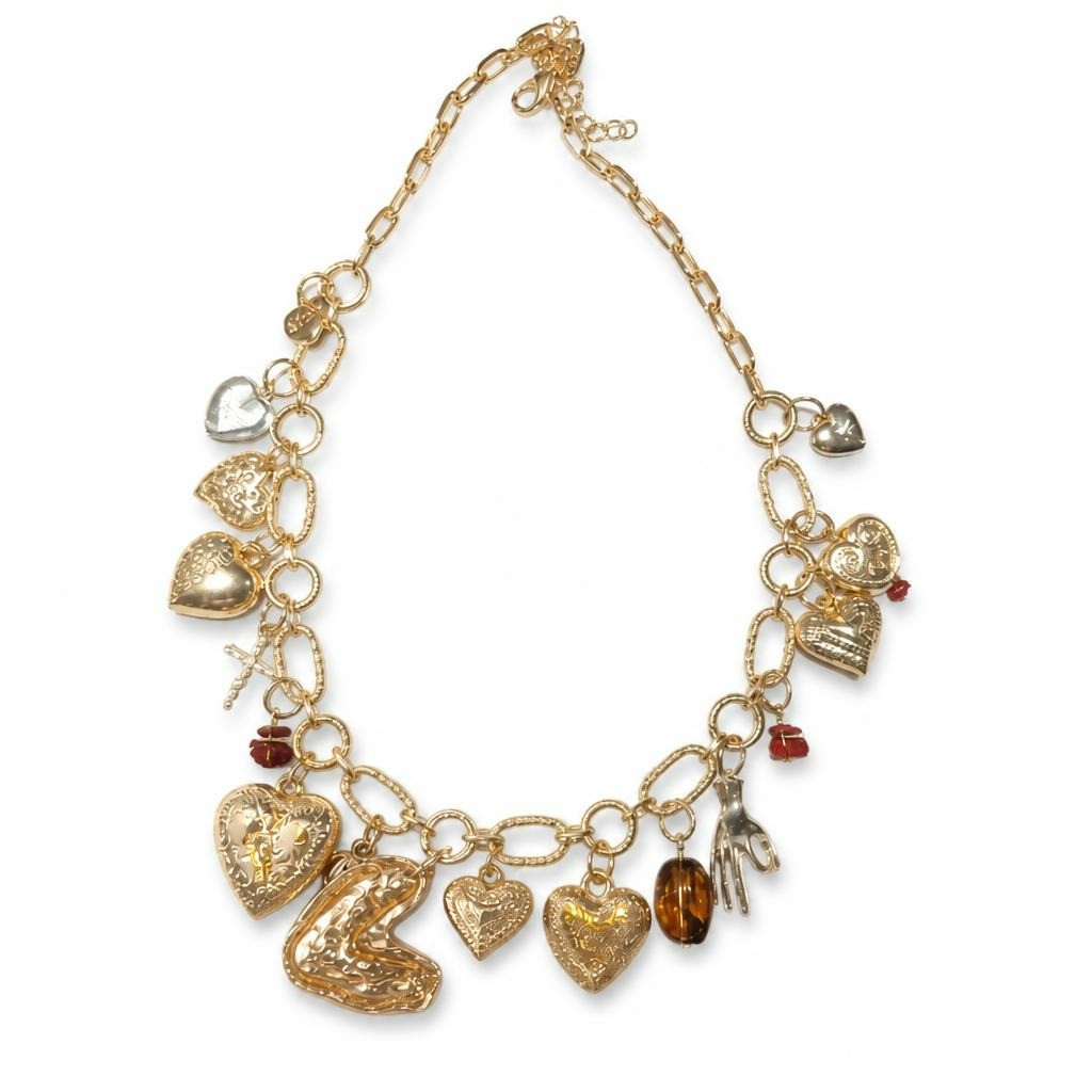 Gold-tone chain necklace with cross and heart charms - new at Why Go Less, Lebanon