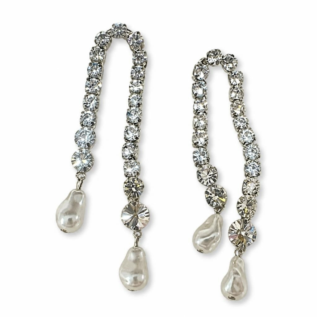 Silver-tone crystal double-drop earrings with pearl - new at Why Go Less, Lebanon