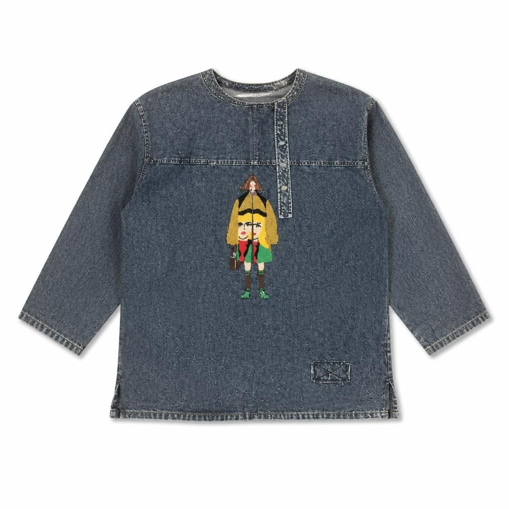 Blue denim top with embroidered doll patch - new at Why Go Less, Lebanon