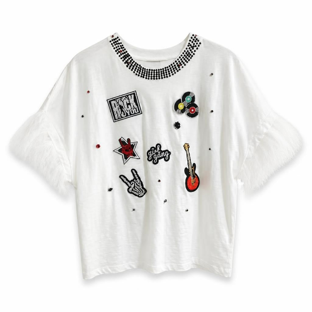 White faux-fur trim top with embroidered patches - new at Why Go Less, Lebanon