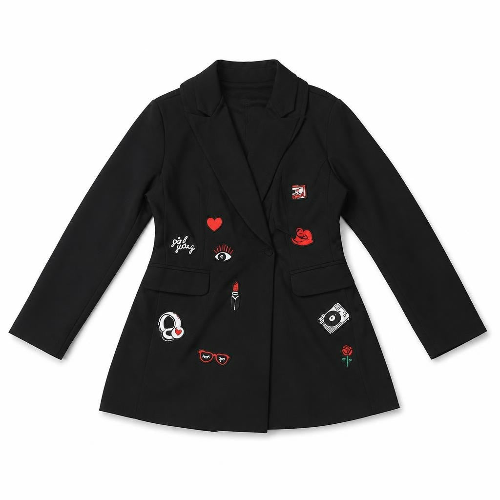 Black blazer with embroidered novelty patches - new at Why Go Less, Lebanon