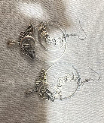 Silver hummingbird moon hoop dangle earrings - pre-loved at Why Go Less, Lebanon
