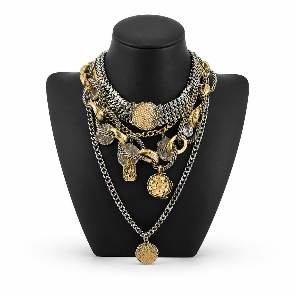Mixed-metal layered chain necklace with coin charms - new at Why Go Less, Lebanon