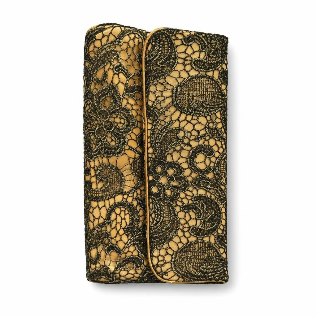 Gold Black Lace Clutch Evening Bag | Pre-Loved | Why Go Less