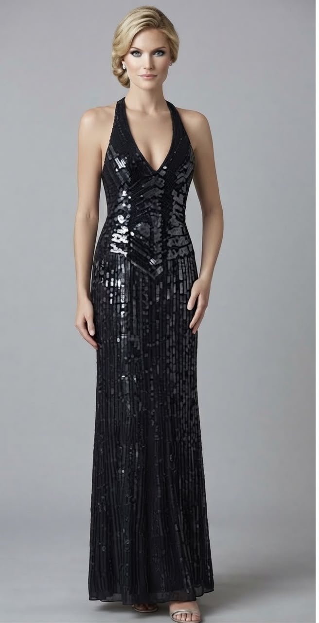 Black Sequin Embellished Halter Maxi Gown Dress | Pre-Loved | Why Go Less