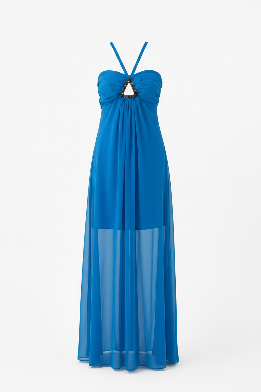 Teal Blue Chiffon Gathered Halter Dress | Pre-Loved | Why Go Less