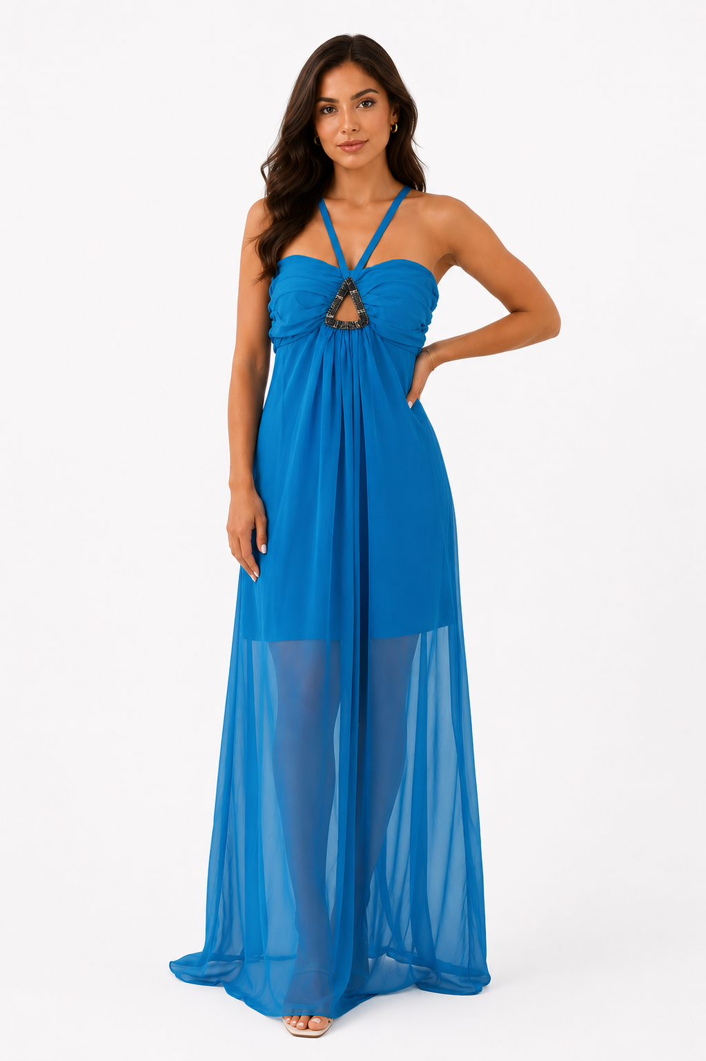 Teal Blue Chiffon Gathered Halter Dress | Pre-Loved | Why Go Less