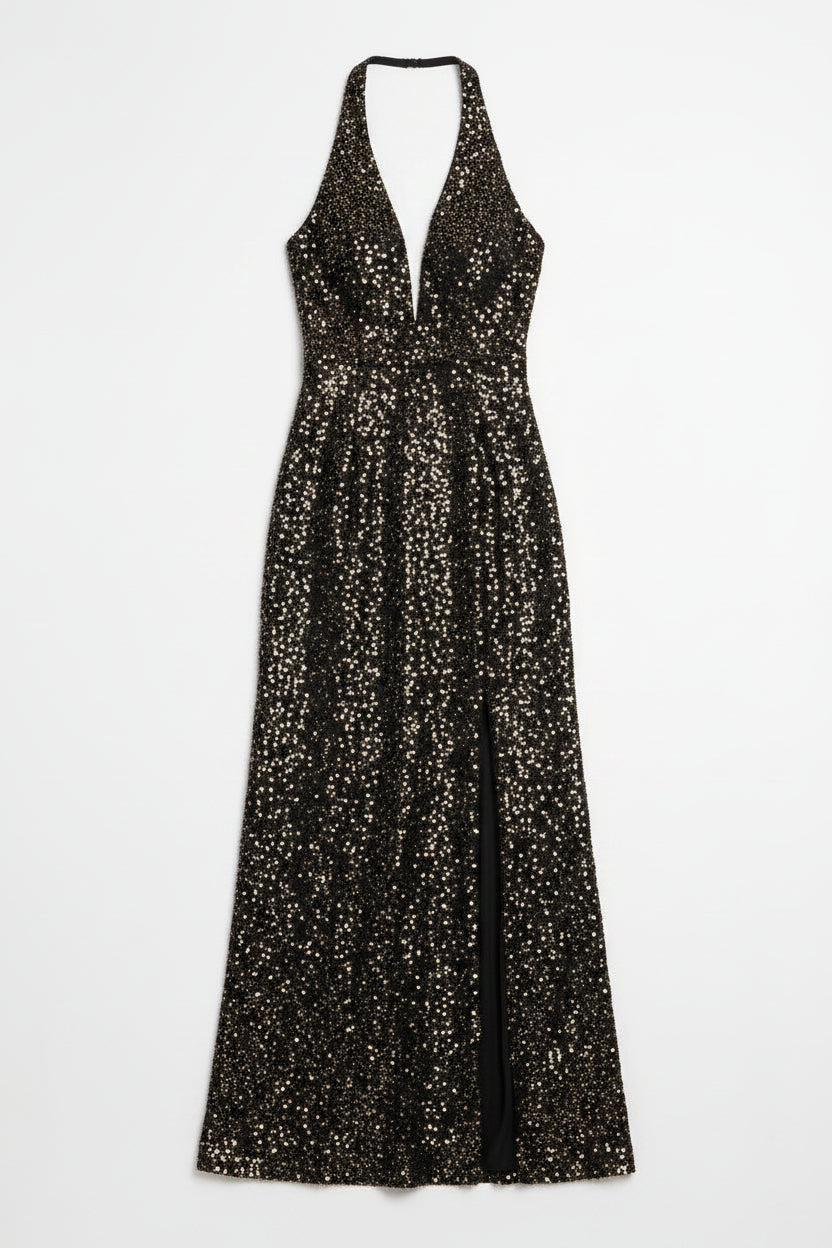 Black Gold Sequin Halter Maxi Dress with Slit | Pre-Loved | Why Go Less