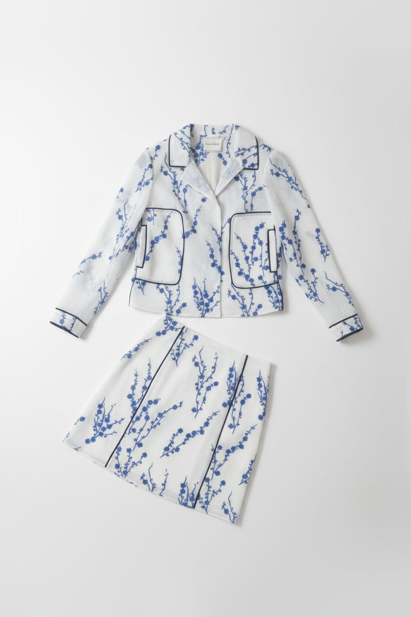 Longchamp White and Blue Floral Mesh Jacket Set | Pre-Loved | Why Go Less-1