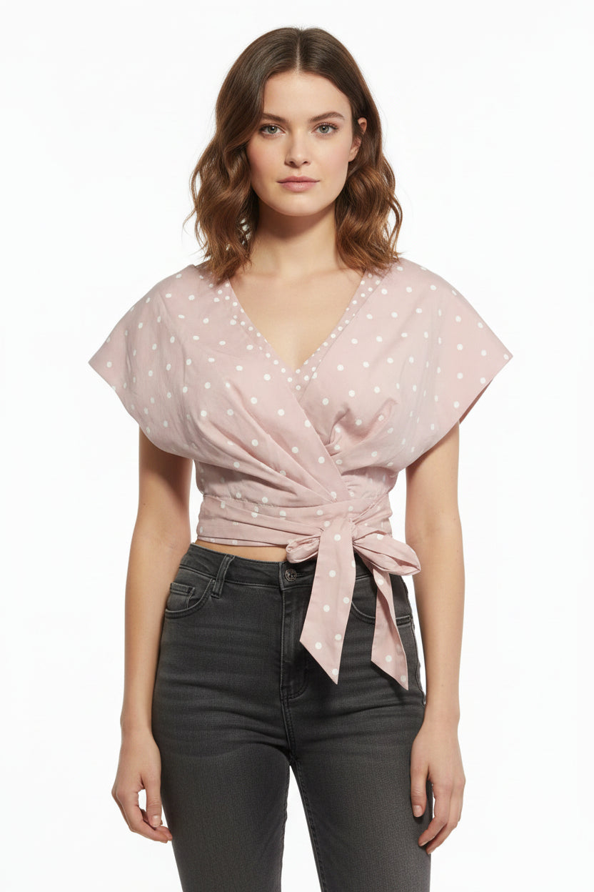 Pink Polka Dot Wrap Crop Top with Ties | Pre-Loved | Why Go Less