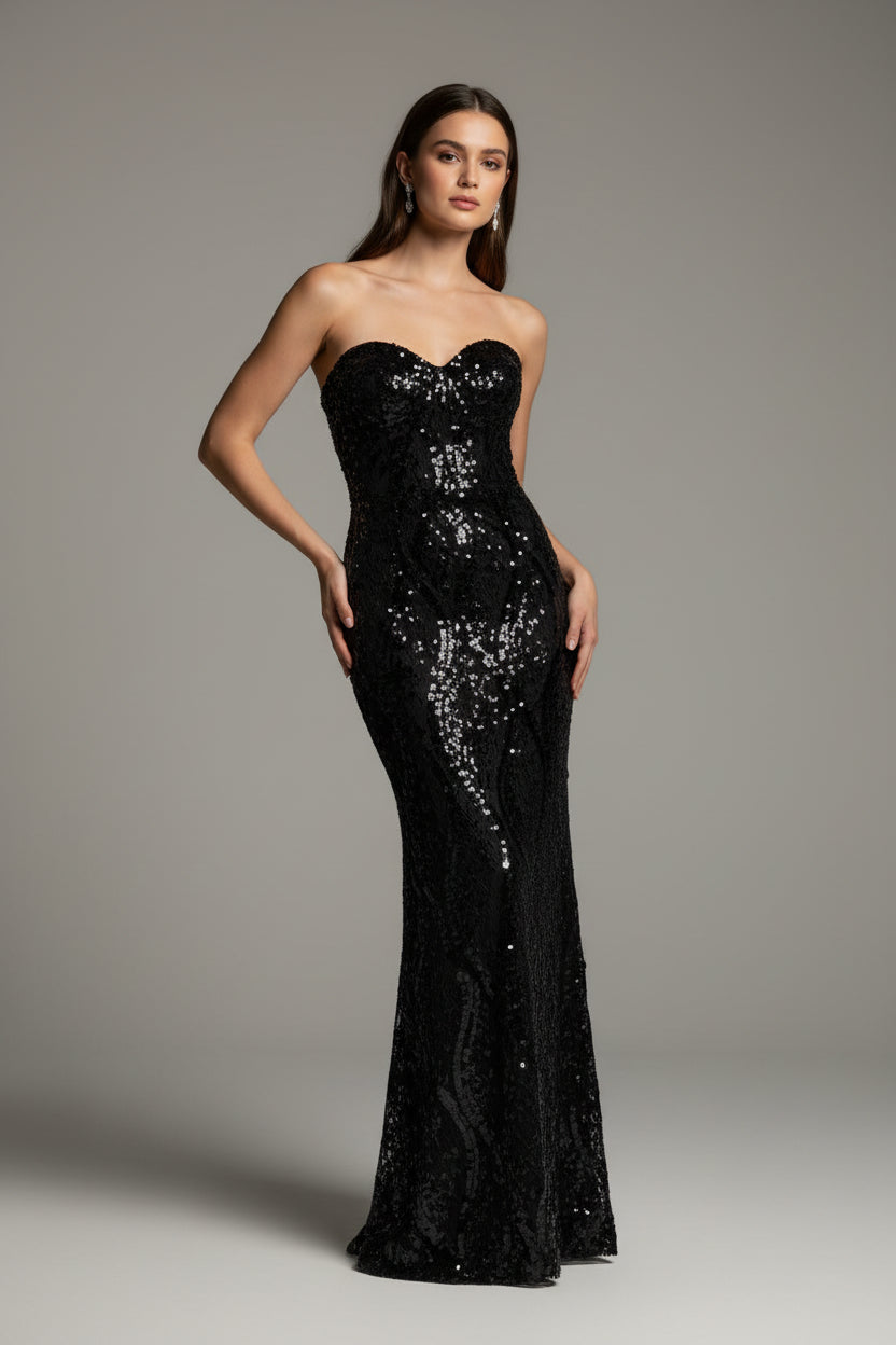 Black Sequin Strapless Maxi Dress | Pre-Loved | Why Go Less