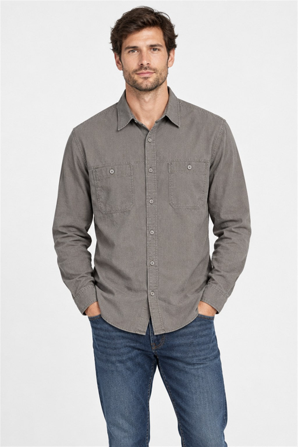 Salvatore Ferragamo grey button-up casual shirt - on model, second-hand at Why Go Less, Dekwaneh, Lebanon