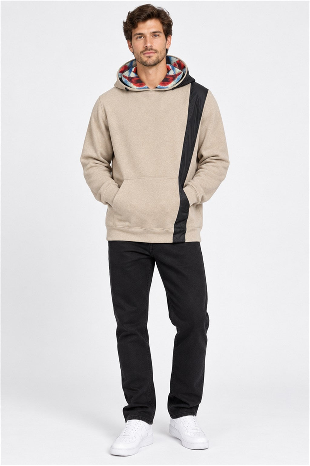 Beige hoodie with Joker print hood - on model, new with tags at Why Go Less, Dekwaneh, Lebanon
