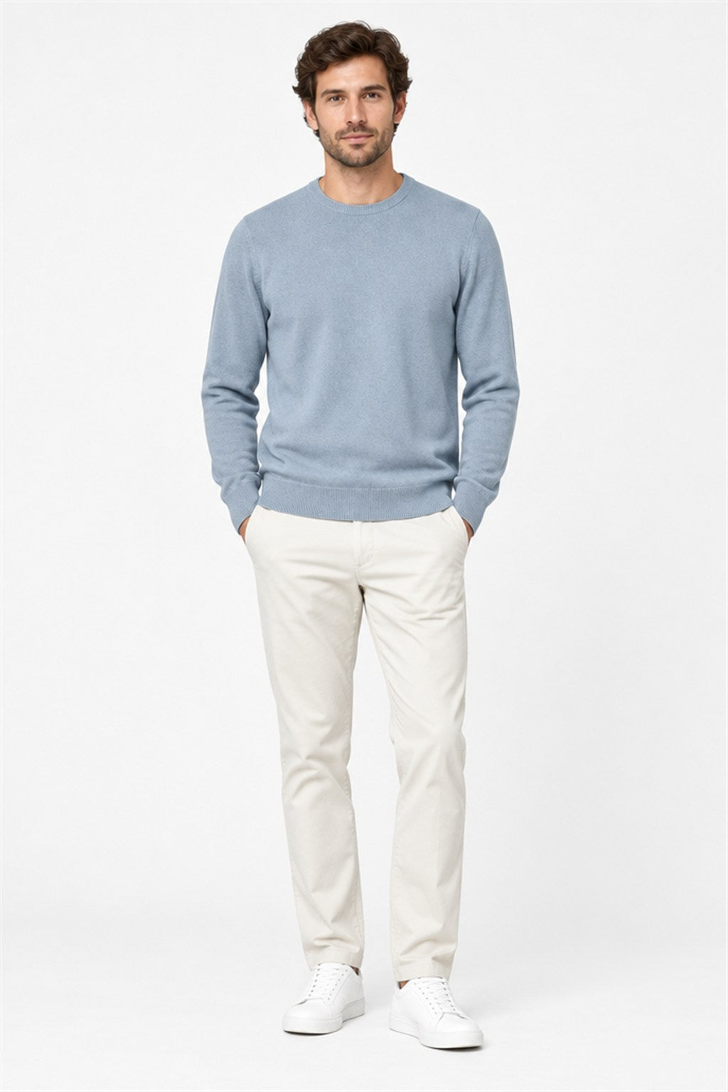 Breezy light blue crewneck sweater - on model, new with tags at Why Go Less, Dekwaneh, Lebanon