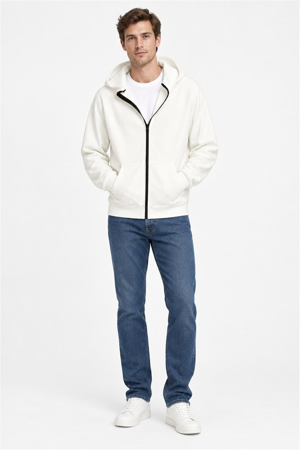 Breezy off-white zip-up hoodie with black trim - on model, new with tags at Why Go Less, Dekwaneh, Lebanon