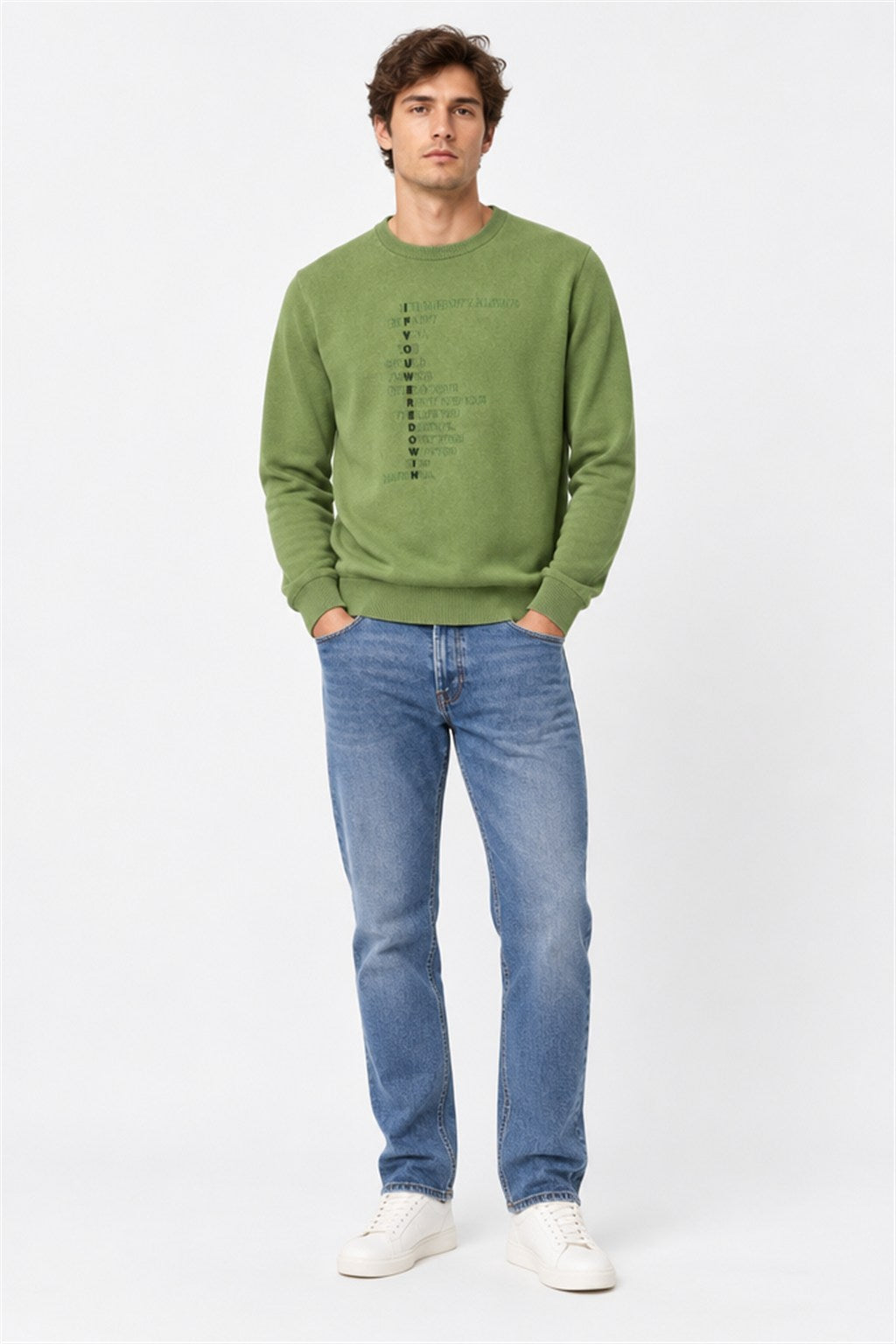 Breezy olive green graphic sweatshirt - on model, second-hand at Why Go Less, Dekwaneh, Lebanon