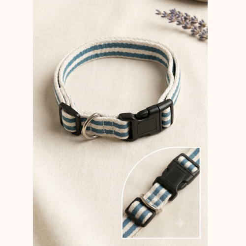 Adjustable Blue Striped Dog Collar - Soft Woven Cotton Collar with Quick-Release Buckle - Digollo at Why Go Less, Lebanon