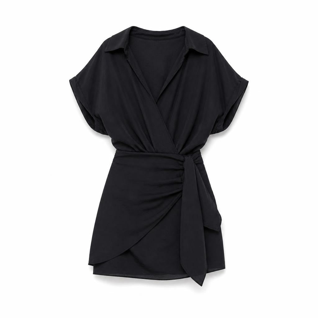 Black satin wrap mini shirt dress - second-hand at Why Go Less