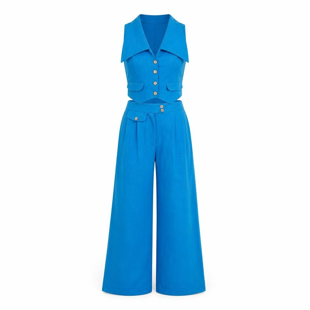 Blue corduroy crop vest & wide-leg pants set - second-hand at Why Go Less