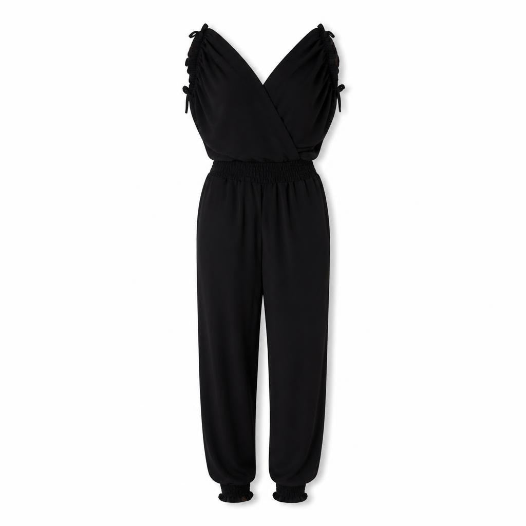 Black wrap V-neck ruched tie-side jumpsuit - second-hand at Why Go Less