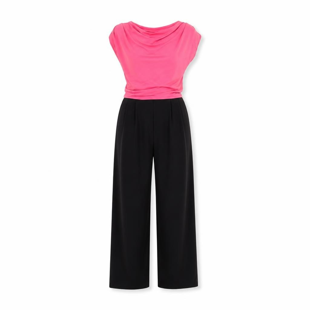 Neon pink cowl-neck top and black wide trousers - second-hand at Why Go Less