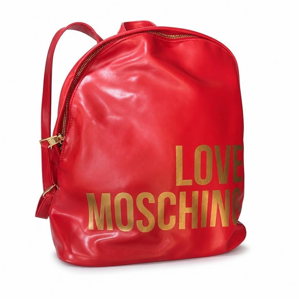 Love Moschino red leather backpack, gold logo - second-hand at Why Go Less