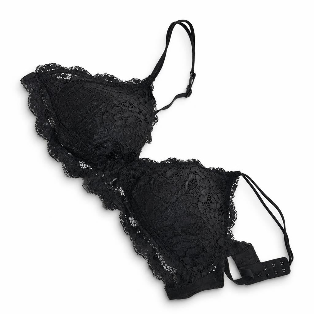 Black lace unlined bralette, adjustable straps - second-hand at Why Go Less
