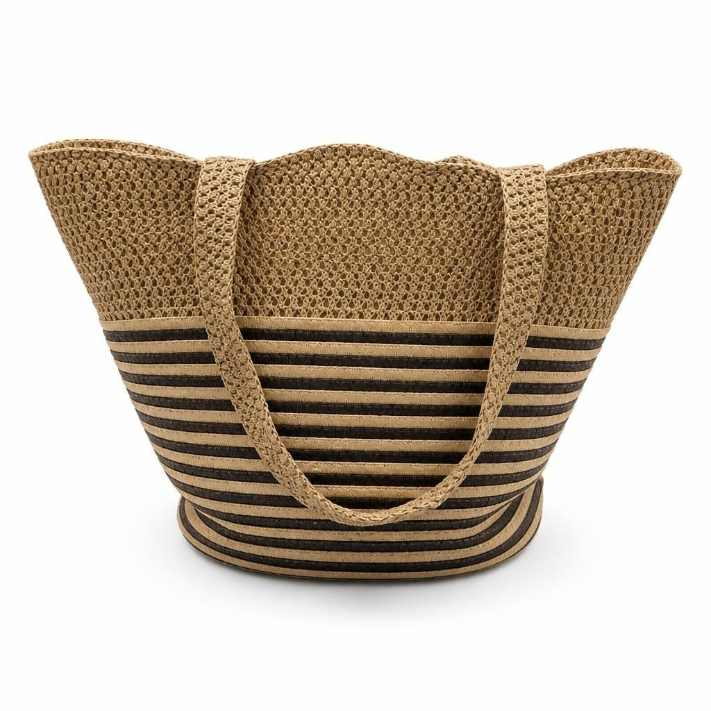 Woven straw striped tote bag, beige/black - second-hand at Why Go Less