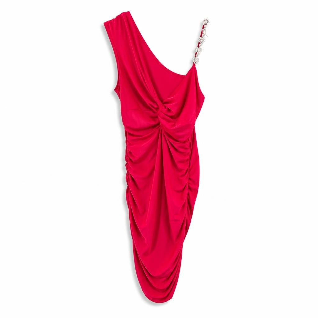 Red one-shoulder ruched mini dress with jewel stra - second-hand at Why Go Less